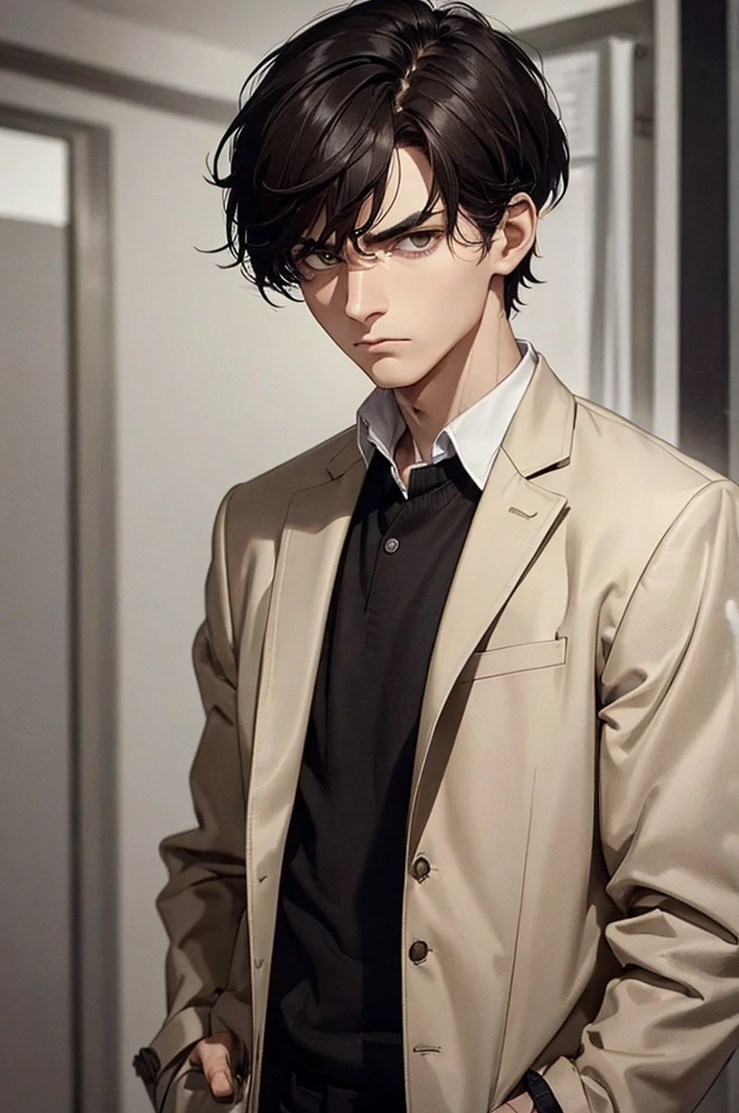 best quality, man, thin man, dark brown eyes, very short black hair, disheveled hair, beige jacket, beige jacket, white shirt tucked in, serious look, short hair, hands in jacket, looking forward, moody, very moody, very serious