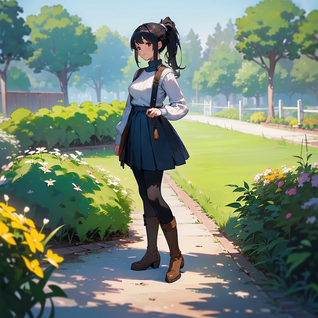 (high quality, High resolution, Very detailed, reality:1.37), Peaceful atmosphere, (Outdoor, garden), Teenage girl standing alone, (my breasts are big.), Beautiful details, Cute Smile, (Black hair ponytail), Ribbed sweater, Blue Skirt, Black tights, Brown boots.