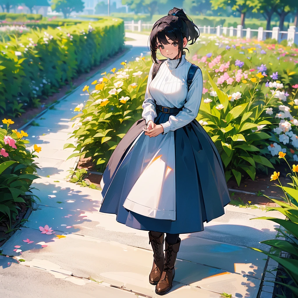 (high quality, High resolution, Very detailed, reality:1.37), Peaceful atmosphere, (Outdoor, garden), Teenage girl standing alone, (my breasts are big.), Beautiful details, Cute Smile, (Black hair ponytail), Ribbed sweater, Blue Skirt, Black tights, Brown boots.