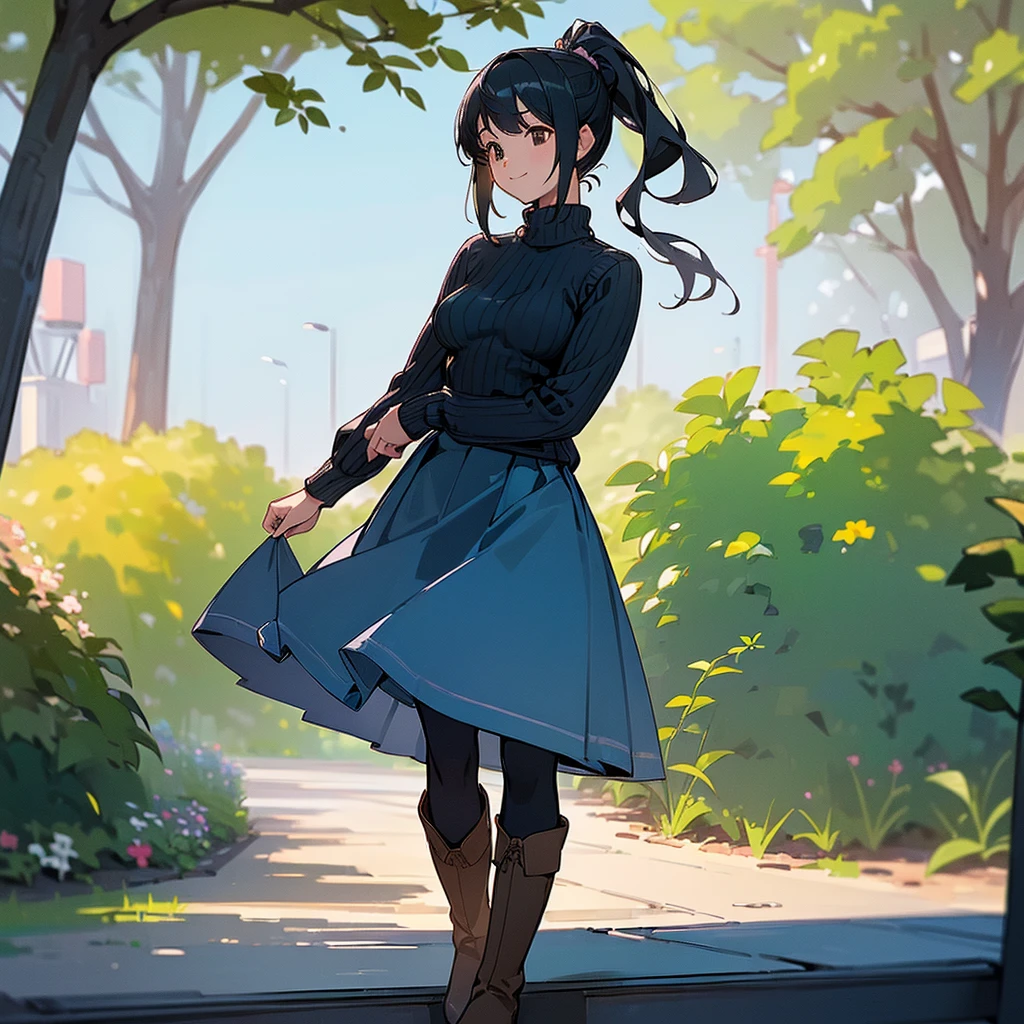 (high quality, High resolution, Very detailed, reality:1.37), Peaceful atmosphere, (Outdoor, garden), Teenage girl standing alone, (my breasts are big.), Beautiful details, Cute Smile, (Black hair ponytail), Ribbed sweater, Blue Skirt, Black tights, Brown boots.