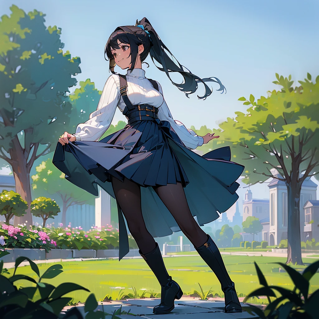 (high quality, High resolution, Very detailed, reality:1.37), Peaceful atmosphere, (Outdoor, garden),  girl standing alone, (my breasts are big.), Beautiful details, Cute Smile, (Black hair ponytail), Ribbed sweater, Blue Skirt, Black tights, Brown boots.