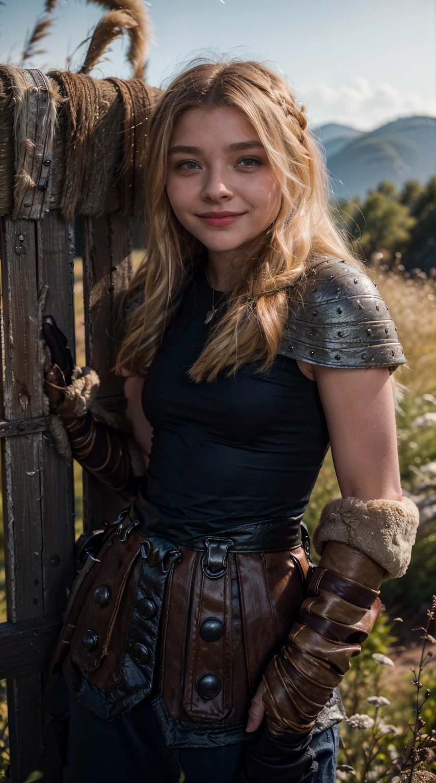 Masterpiece, Best quality,, (photorealistic1.4), (UHD), (epiCRealLife), (flashphoto),, (photorealistic1.4), (Chloe Grace Moretz smile), (chl03gm), (Astrid Hofferson Costume), (astrid_Character), (Astrid Armor) (AstridWaifu), (cowboy shots), (Medieval outdoor), (castle landscape), (at night), (night time), (moon light),