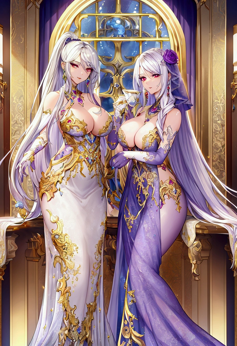 masterpiece, Highest quality, Intricate details, Two gorgeous, flashy, silver-haired male hosts, One has red eyes、The other one has purple eyes, Perfect Anatomy, Perfect Face:1.1),Sharp focus, View your viewers, Ultra-high resolution, Highly detailed illustration, Smooth, Extremely pixel perfect, Detailed Background, art:Wlop と Ross Tran,Fascinating,Venus Body
