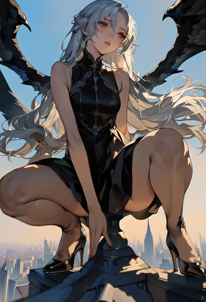 ((Highest quality)), ((masterpiece)), (detailed), One girl,Silver Hair,Long Hair，Dark Skin,Wearing a black sleeveless dress，Wear black high heels，Squatting pose on top of the tower,Morning sky，Girl with wings，Look away