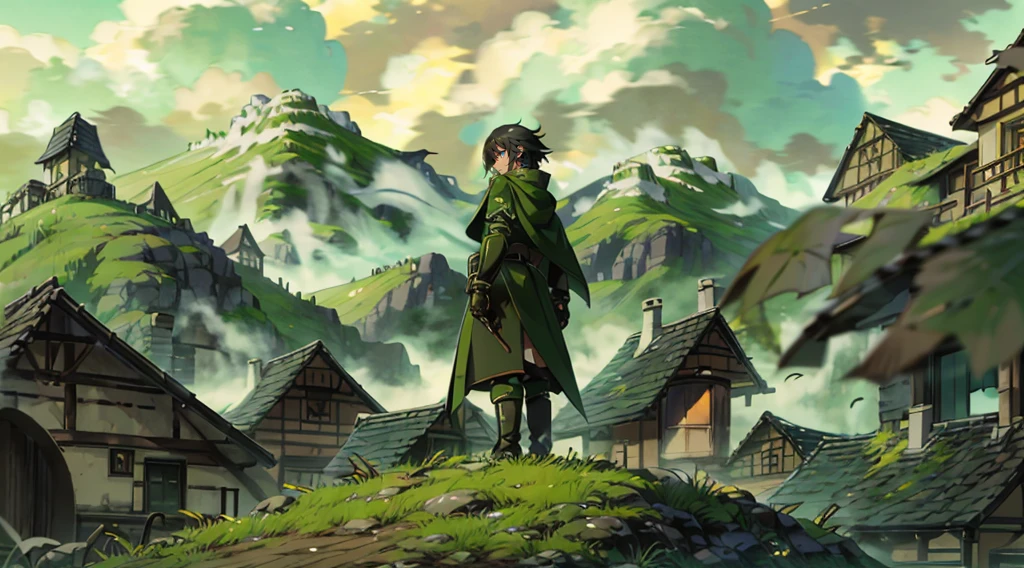 yuichiro hyakuya, (WithoutFear:1), 1 boy, black hair, green eyes, brown coat, gray armor, green shield, green cloak, dark brown gloves, town, white fur trim, tall, anime, standing, good quality, portrait, looking at viewer