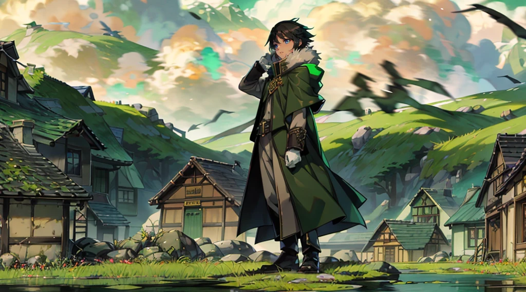 yuichiro hyakuya, (WithoutFear:1), 1 boy, black hair, green eyes, brown coat, gray armor, green shield, green cloak, dark brown gloves, town, white fur trim, tall, anime, standing, good quality, portrait, looking at viewer
