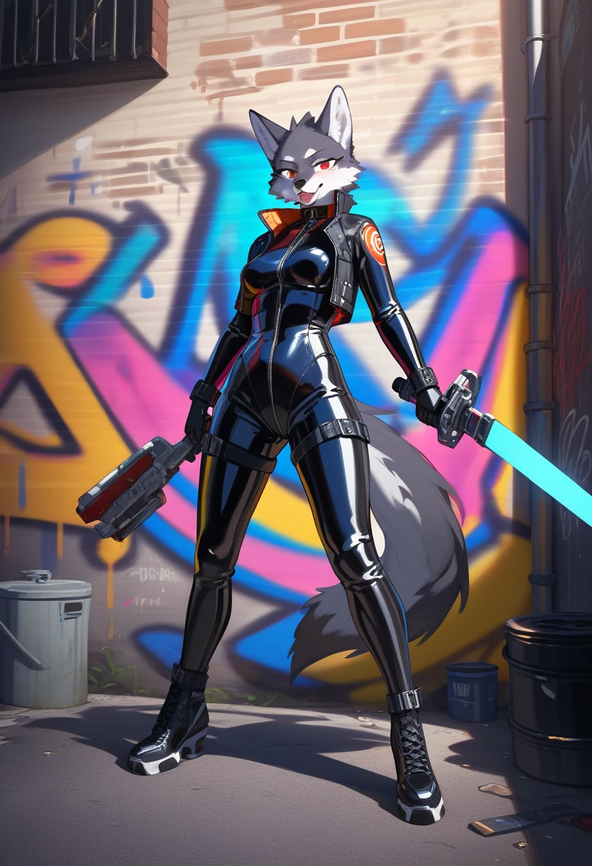 animation, Highest quality, Highest quality, High quality illustrations, masterpiece, Ultra-high resolution, Detailed Background, Alley, night, Graffiti art on the wall, Absurd, Perfect Anatomy, performance, Good lighting, Shadows in the movies(kemono, Furry Personifi猫ion), Wolf, woman, Black Skin, Rubber suit, latex, neon, neonライト, neonカラー, Bodysuits, Cyber Suit, Mech Suit, Rubber Half Jacket, cyber punk, Blade Runner, Holding a blade