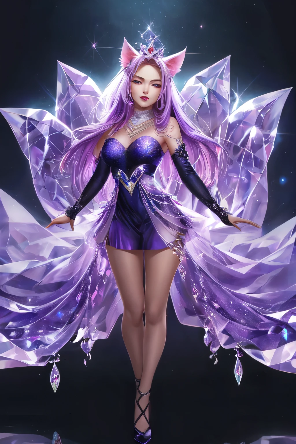 ((best quality)), ((masterpiece)), (detailed), detailed eyes, detailed hands, full-body image, humanoid kitsune, diamond crown, light purple hair, light purple fox ears, purple clear crystal fox tails, purple crystal star shape marking on forehead, delicate and beautiful detailing, beautiful clear face and well-proportioned detailed eyes, round detailed eyes and makeup, beautiful detailed and clear eyes, volume smooth and sharp, long flat bangs, fictional art, best photos, high resolution, best quality, best photos, very beautiful and meticulous crystal star shape forehead marking, delicate, mouth closed, not fully smiling