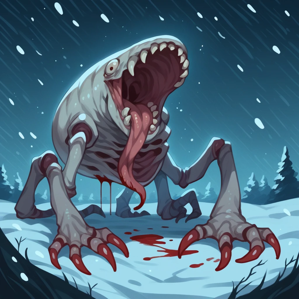 1girl, human transforming, sharp_teeth, bifurcated jaw, blood from mouth, long tongue, sharp claws, arthropod limbs, exposed bone, tentacles, blood stain, deformed, creature, monster, body horror, tearing through clothing, solo, horror \(theme\), outdoors, night, snowing, snowfield, winter, The Thing,