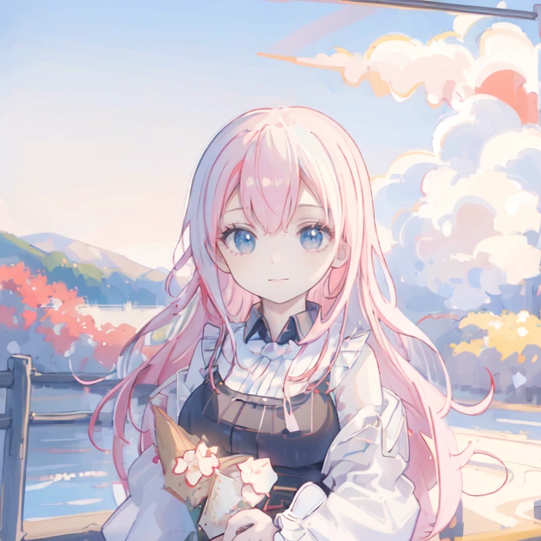 (best quality), masterpiece, Extremely detailed CG8K painting, high color, Extremely high color saturation, All colors are deepened, central composition, Extremely detailed light and shadow, The face and eyes are very detailed, medium length hair, sportswear, colorful clouds,beautiful nature,landscape