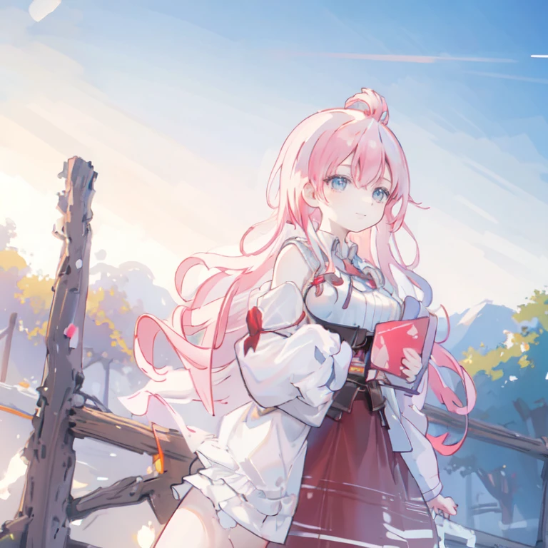 (best quality), masterpiece, Extremely detailed CG8K painting, high color, Extremely high color saturation, All colors are deepened, central composition, Extremely detailed light and shadow, The face and eyes are very detailed, medium length hair, sportswear, colorful clouds,beautiful nature,landscape
