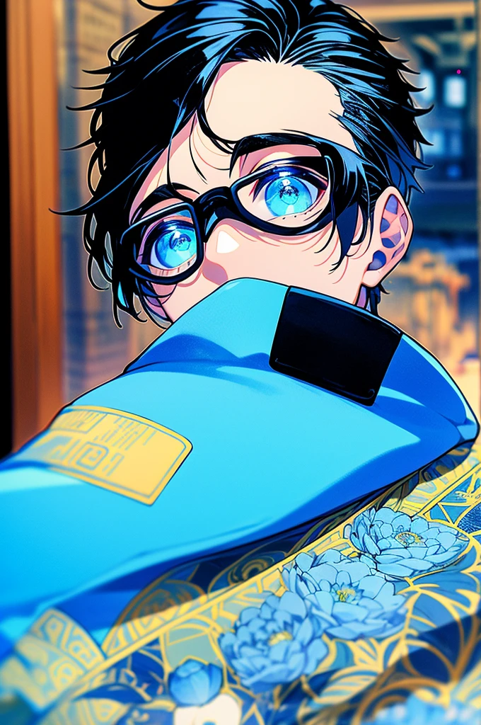 Blue and yellow eyes, old school camera in hand, hoodie on, thick brown hoodie, male, fair skin. 20 years old, brown hair in messy bun.