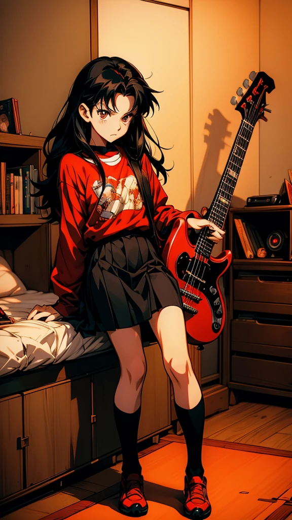 Black-haired anime girl playing a red guitar in her room, satoshi kon artstyle, Tohsaka Rin, :14 FLCL + Akira, bassist, Gweiz-style artwork, Kashert Kenz, Inspired by Satoshi Kon, style of satoshi kon, guitarist, By Yoshihiko Wada, Burning