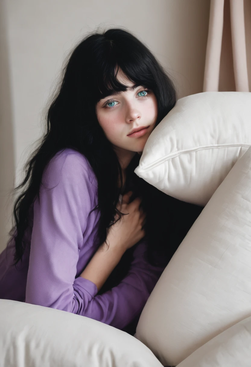 Black hair ager, violet eyes and white skin shyly hugging a pillow.