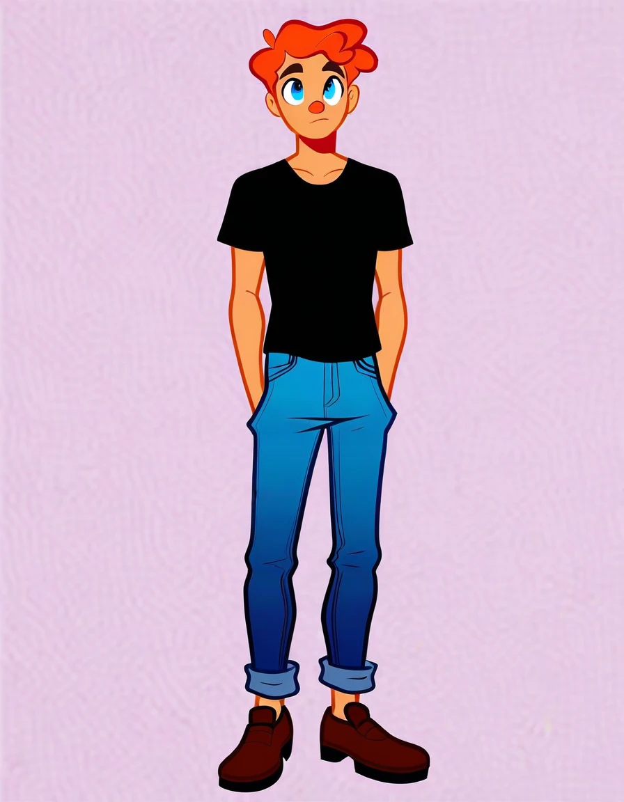 brooklyn_t_guy, solo, looking at viewer, short hair, blue eyes, simple background, shirt, 1boy, short sleeves, male focus, black shirt, orange small oval shaped mustache, orange hair, full body, semi dark skin, blue jeans, brown shoes,