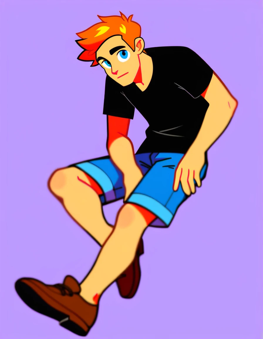 brooklyn_t_guy, solo, looking at viewer, short hair, blue eyes, simple background, shirt, 1boy, short sleeves, male focus, black shirt, orange small oval shaped mustache, orange hair, full body, semi dark skin, blue jeans, brown shoes,