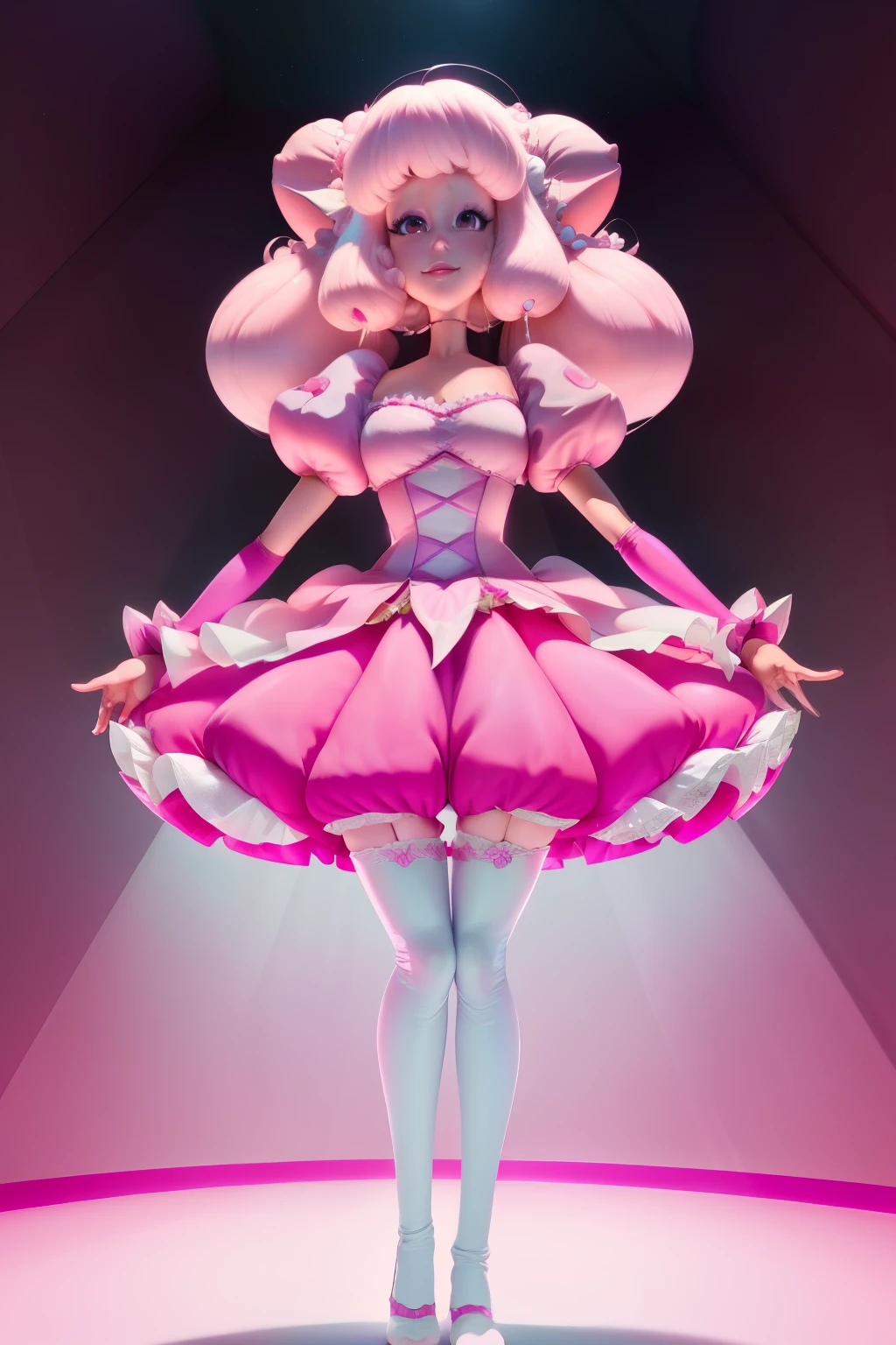 pnkdamond, pink hair, pink eyes, big hair, stomach gem, pink skin, toned,
puffy short sleeves, elbow gloves , white thighhighs, puffy dress,
standing, upper body,
outerspace,
(insanely detailed, beautiful detailed face,beautiful detailed eyes, masterpiece, best quality) cinematic lighting, smile,