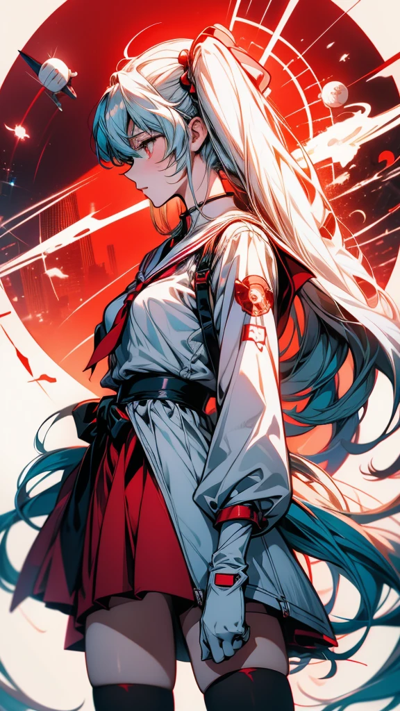 Anime girl with long hair and red stockings holding a mobile phone, Portrait Anime Astronaut Girl, by Yuumei, Profile photo 1024px, nagito komaeda, Anime Moe Art Style, Anime Cover, Twin tails white_gloves, I deny that, ayanami, by Kamaguruka, White Cyan, Rei Ayanami