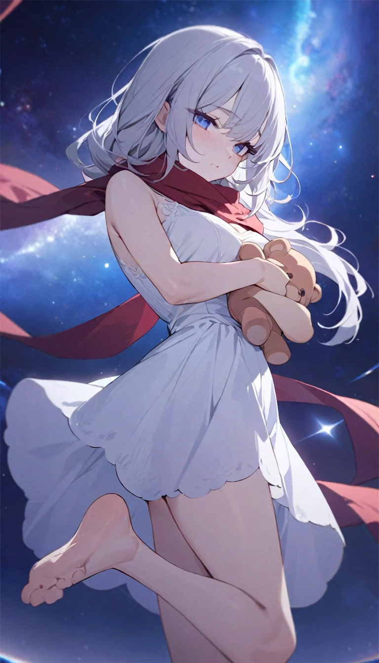 (((masterpiece))), (((best quality))),(((high detail))),light manipulation, girl with long silver hair, gradient purple to sky blue eyes, wearing a white dress, a red scarf, galaxy background, holding a teddy bear, feet, no footwear