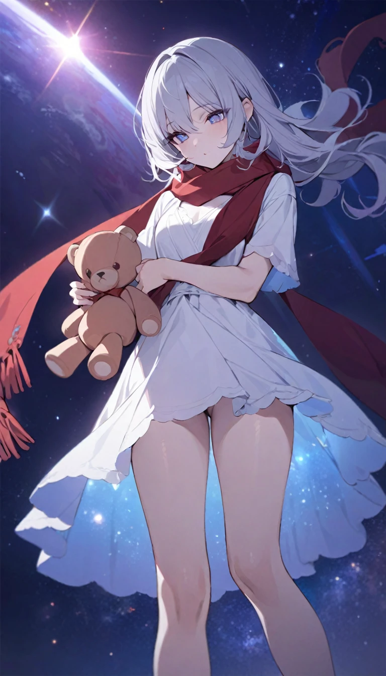 (((masterpiece))), (((best quality))),(((high detail))),light manipulation, girl with long silver hair, gradient purple to sky blue eyes, wearing a white dress, a red scarf, galaxy background, holding a teddy bear, feet, no footwear