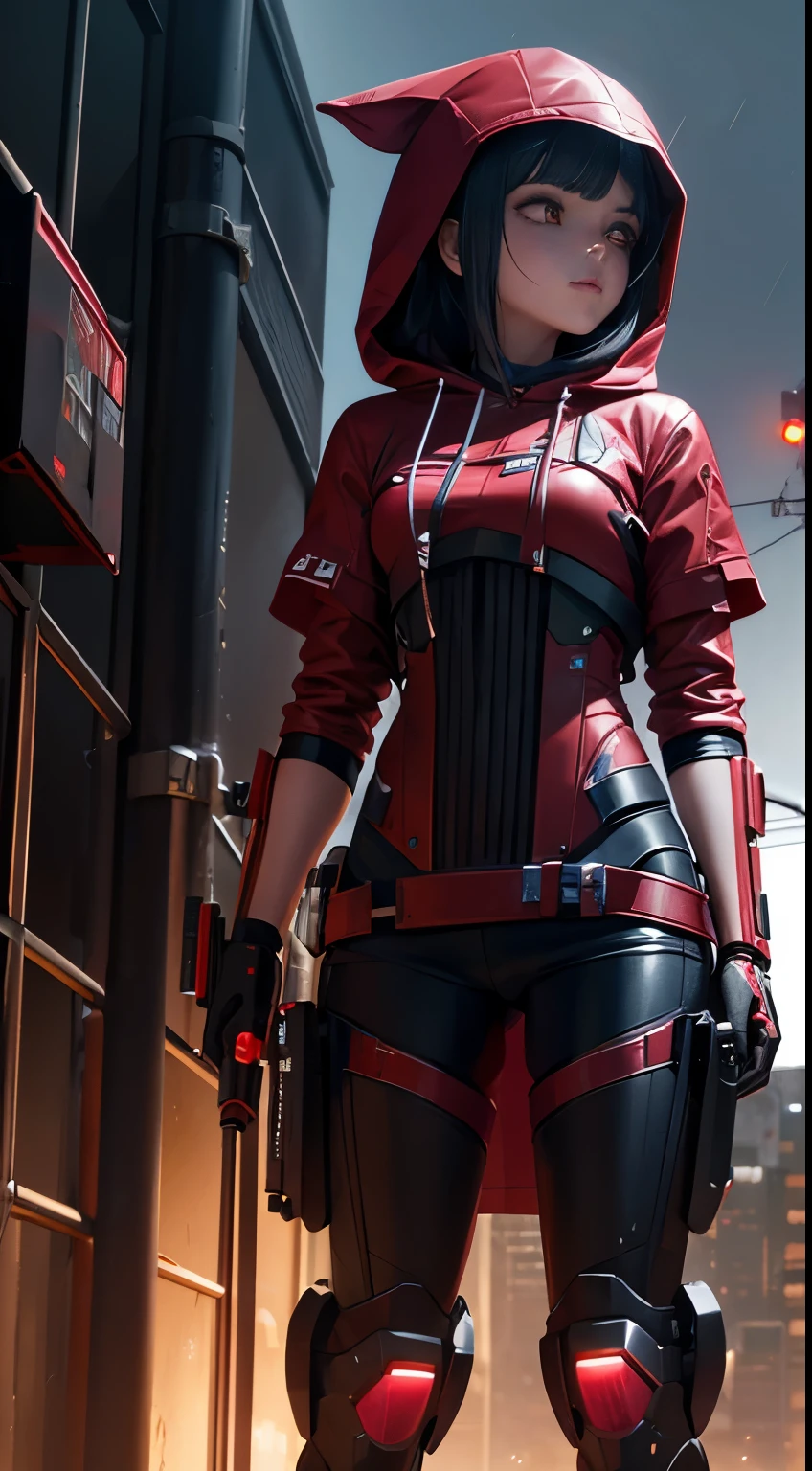 Futuristic Little Red Riding Hood with robotic prosthetics and fuchsia lightsaber vs zombies with robotic exoskeletons at night with a thunderstorm in the abandoned city of Neo Tokyo, Imagen 3D, 4K Full HD, ultrarrealista, hiperrealista, Motor irreal 5.0 estilo cyberpunk