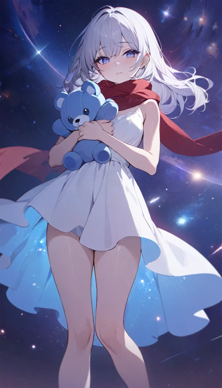 (((masterpiece))), (((best quality))),(((high detail))),light manipulation, girl with long silver hair, gradient purple to sky blue eyes, wearing a white dress, a red scarf, galaxy background, holding a teddy bear, feet, no footwear