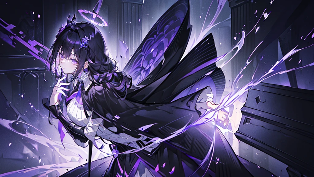 (Super detailed)),((illustration))，((masterpiece)),(((need))),((fine、Highest quality CG Unity 8K wallpapers，masterpiece），（（4K，masterpiece，best quality）），Black hair queen，Waist-length hair，Royal sister，Sexy，Tall figure，Lilac eyes，Standing upright in a coffin，mummy，The whole body is wrapped in bandages，Mature，Hair Bunch，Hair tied on both sides，Black and purple French vintage clothing，Gorgeous pure black cape，Black veil，Purple-white halo，Black purple boots，Wearing a crown on the head，Holding a knight&#39;s sword，pyramid，Emitting dim purple light，Brilliant palace，The deep sea is filled with coffins，Mysterious symbols,individual，Emit a dim light，Full body picture