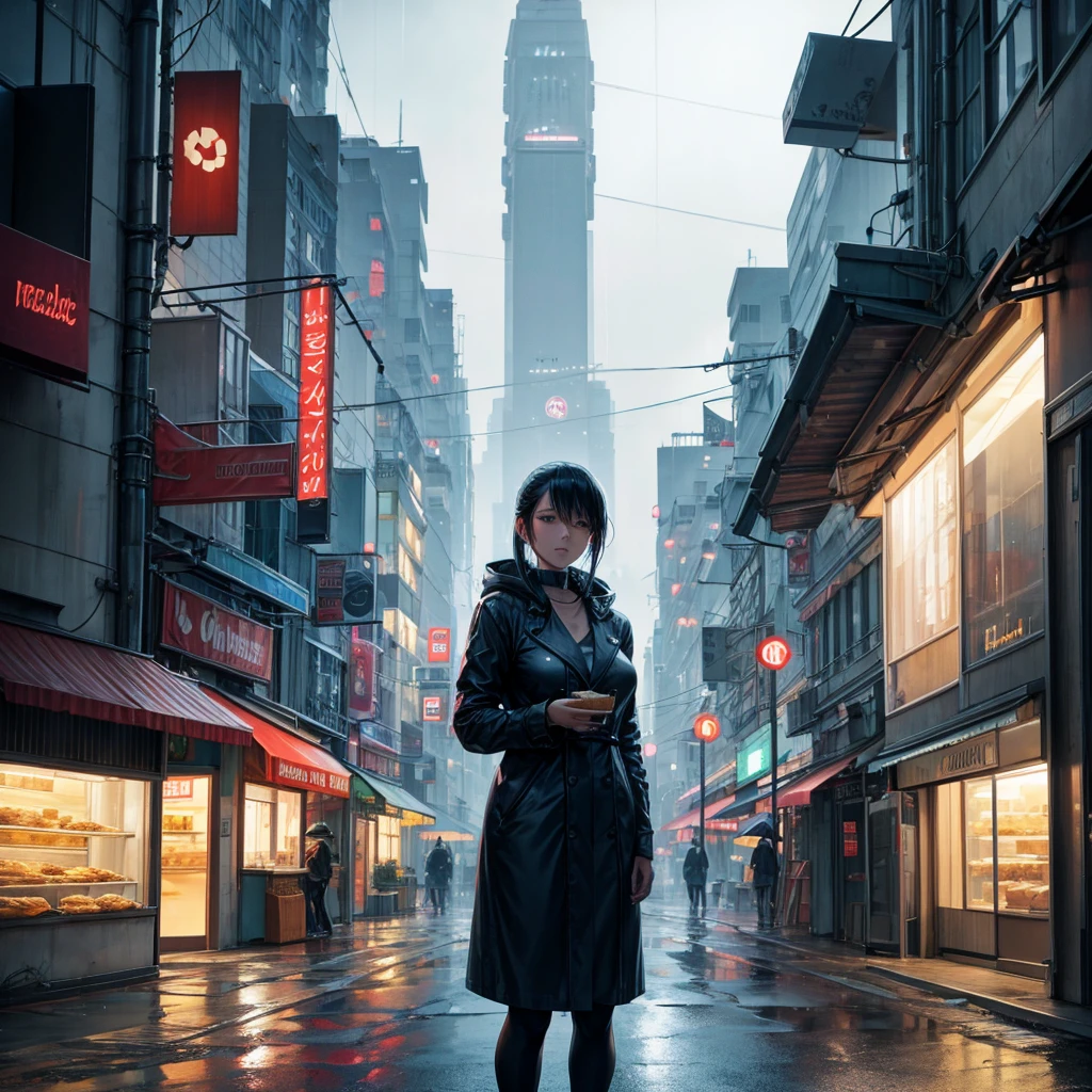 In front of a bakery, a somewhat rainy climate, a calm cyberpunk aesthetic, feeling of peace and harmony.