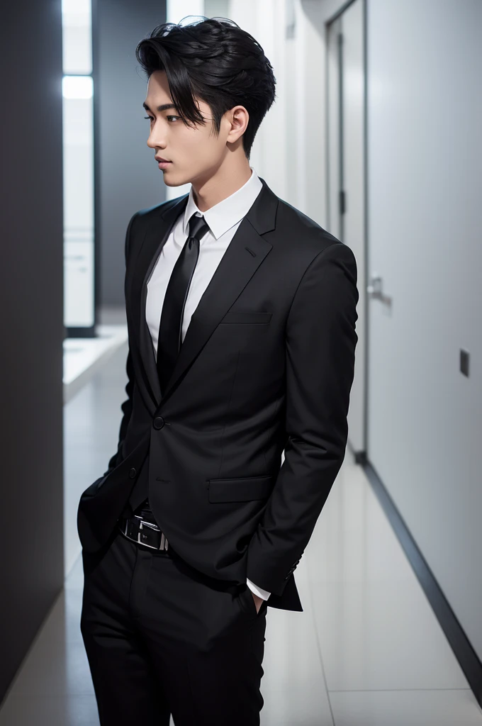Male character wearing black suit with white shirt and black tie, He has a DSLR camera instead of a head.