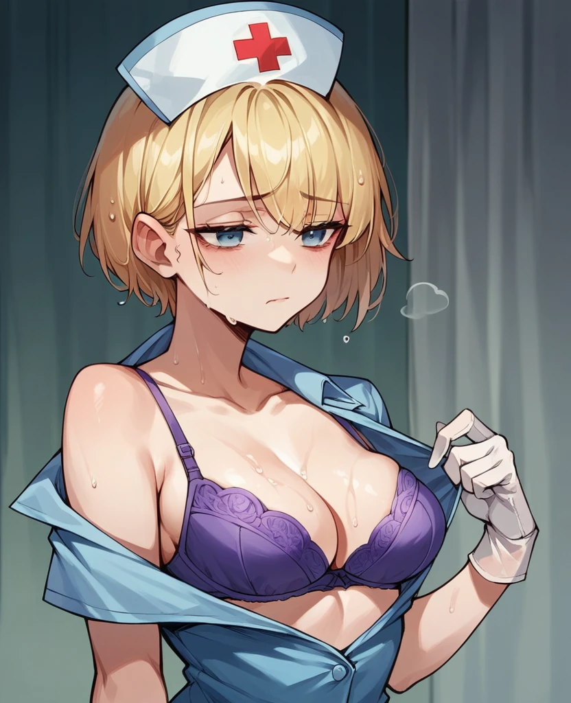 Nurse in blue dress,skin fair, short blonde hair with bangs,showing wet purple bra, wearing a glove,tired look