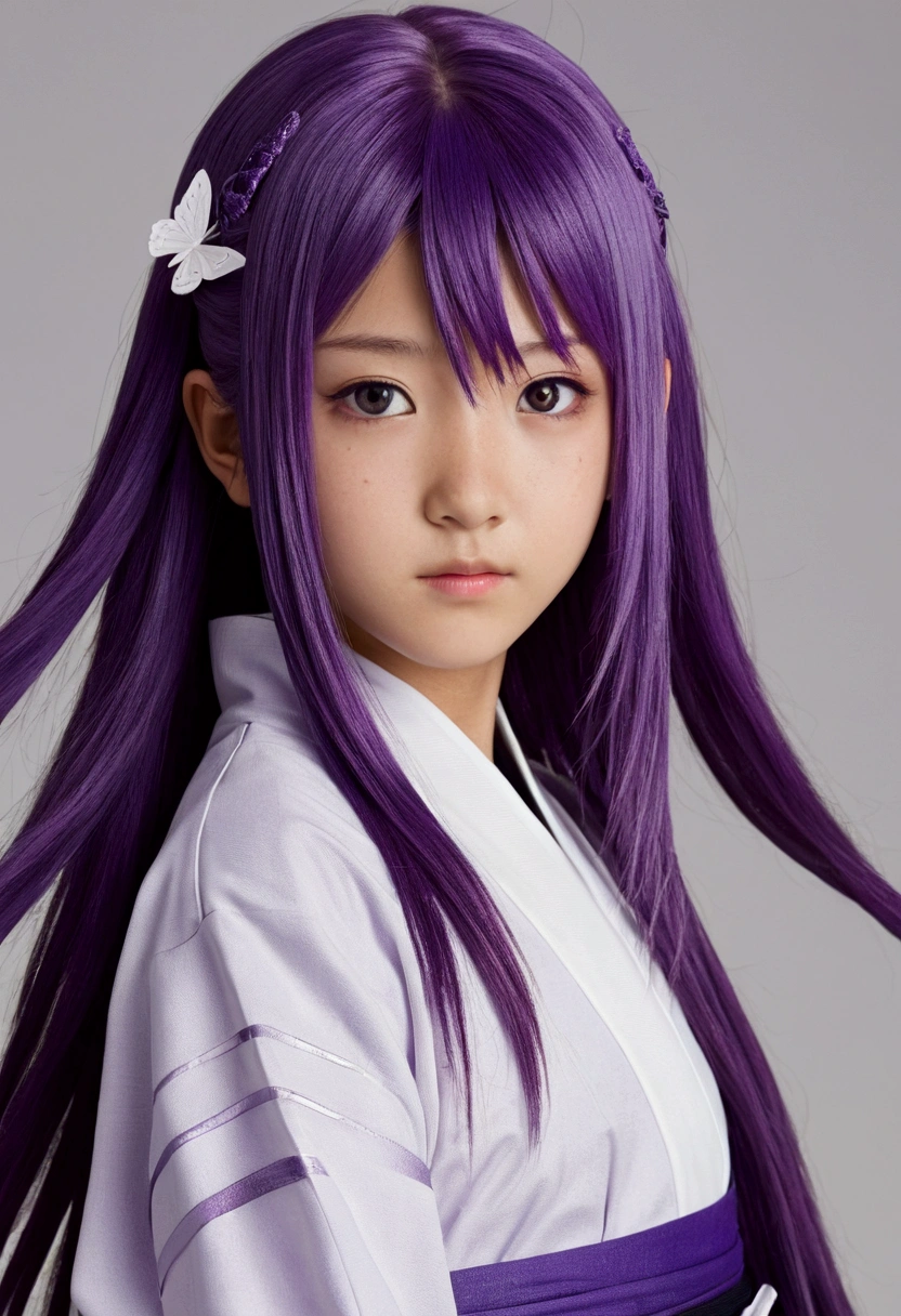 Hikari Hyuga, a 12 year old girl with long hair in a butterfly cut, purple hair not very dark but with light, white eyes, dressed as a ninja, elegant yet functional outfit, clear skin, light freckles, wavy hair with naruto style clothes