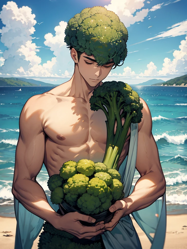Beautiful young man holding broccoli,Handsome,Broccoli growing from head,Upper body naked,Peach,Ocean,Ocean水浴,