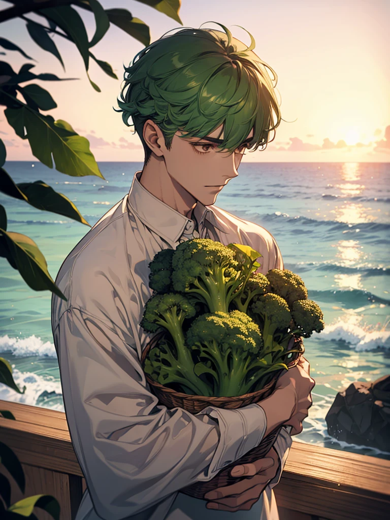 Beautiful young man holding broccoli,Handsome,Broccoli growing from head,Upper body naked,Peach,Ocean,Ocean水浴,