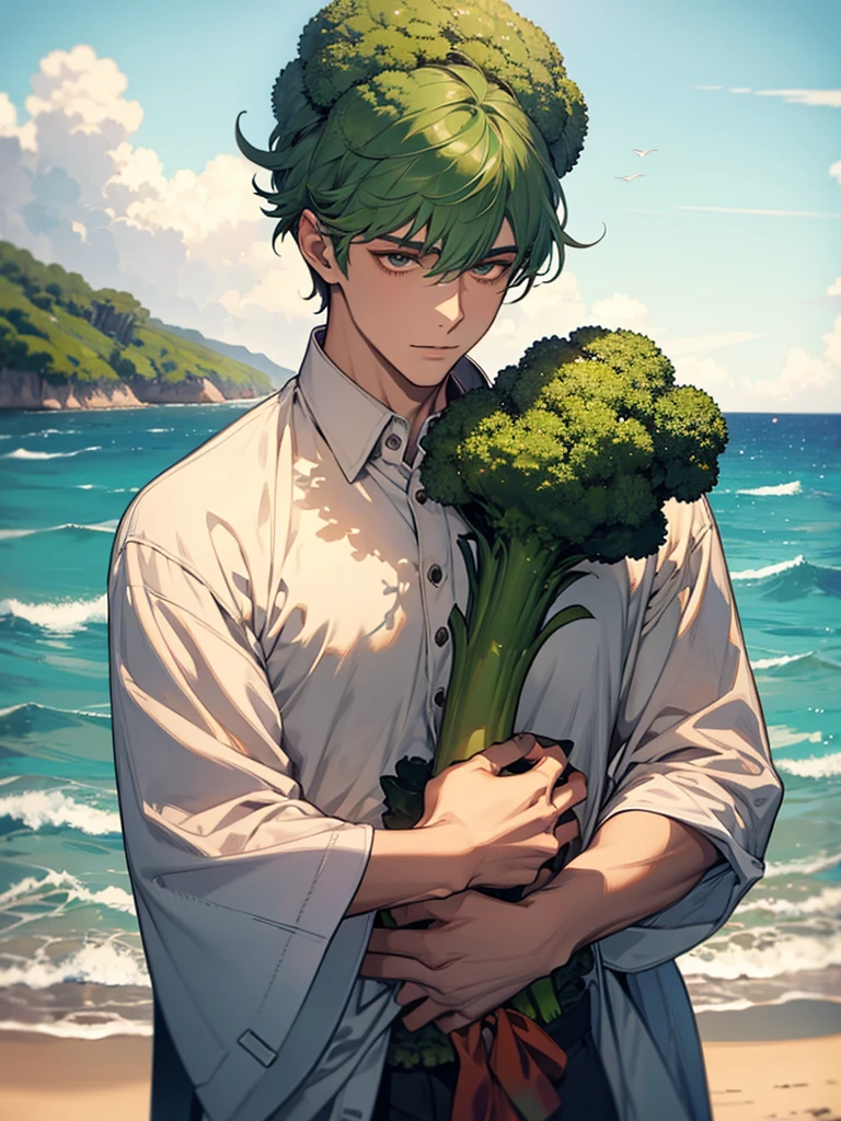 Beautiful young man holding broccoli,Handsome,Broccoli growing from head,Upper body naked,Peach,Ocean,Ocean水浴,
