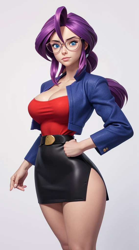 animeLorelei, purple hair, blue eyes, hair between eyes, glasses, blue jacket, red shirt, cleavage, belt, pencil skirt high detailed, masterpiece, as cartoon character, perfect hands, round breasts, wide hips, thick thighs, ultra realistic digital art, clean scene, white background, full body