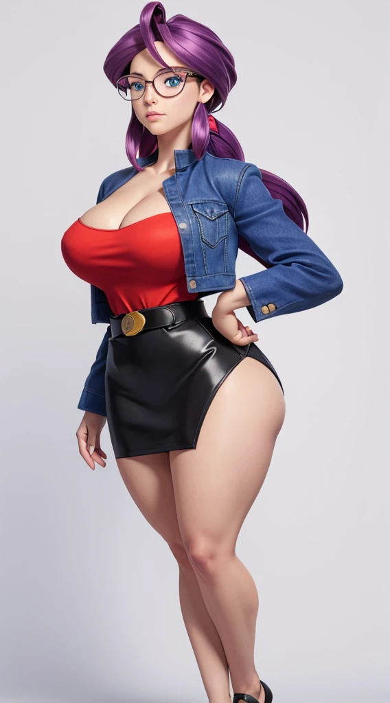 animeLorelei, purple hair, blue eyes, hair between eyes, glasses, blue jacket, red shirt, cleavage, belt, pencil skirt high detailed, masterpiece, as cartoon character, perfect hands, round breasts, wide hips, thick thighs, ultra realistic digital art, clean scene, white background, full body