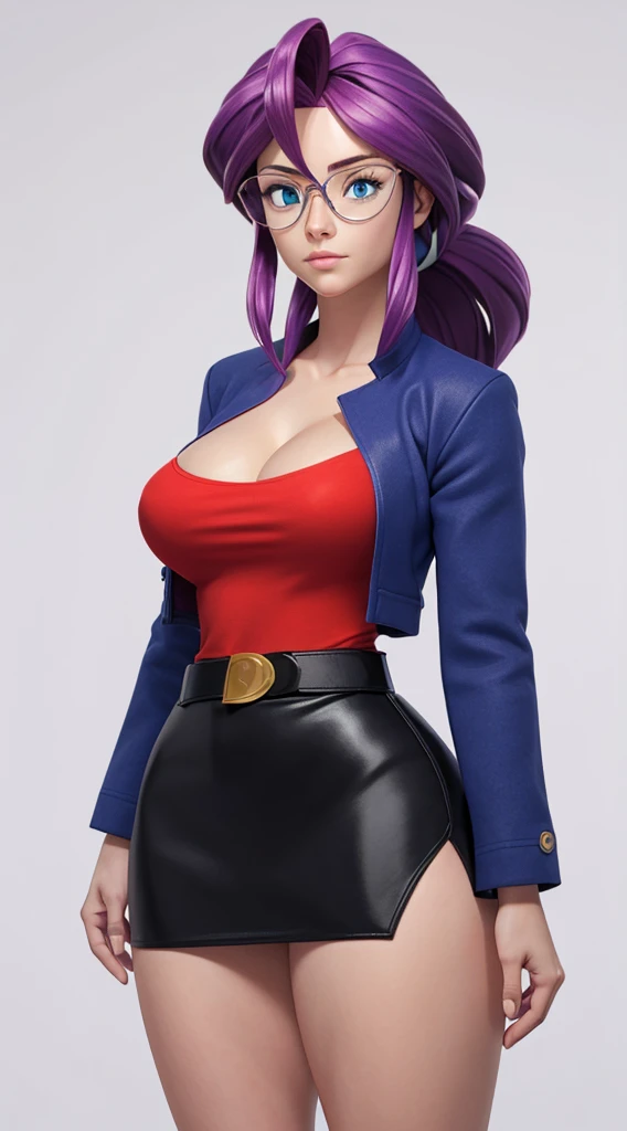 animeLorelei, purple hair, blue eyes, hair between eyes, glasses, blue jacket, red shirt, cleavage, belt, pencil skirt high detailed, masterpiece, as cartoon character, perfect hands, round breasts, wide hips, thick thighs, ultra realistic digital art, clean scene, white background, full body