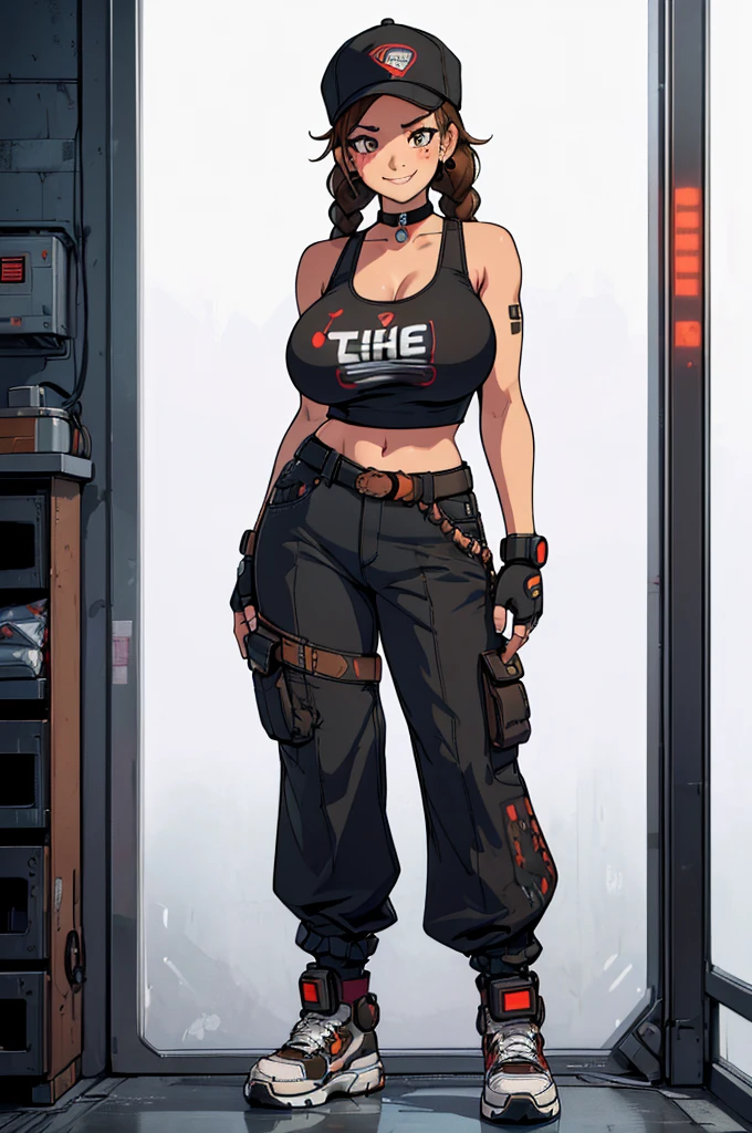 (masterpiece, best quality, high resolution, ((huge breasts)) girl, brown hair tied in 2 wide braids, freckles, tank top with straps, wide cyberpunk style mechanic pants, cyberpunk style sneakers, choker, style hat, cyberpunk, fingerless gloves, smile,( white background, stickers. Redmond), ((full body standing)),
