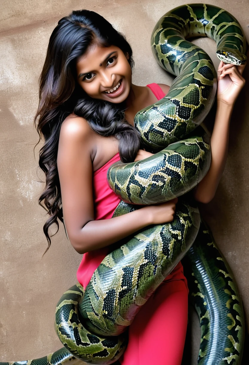  Happy Horny, aroused 1girl), beautiful   Indian  young teen girl with  giant colossal Kaa monster squeezing her hard, wrapped in thick spiraling coils, constricted, struggle, gasping for air, snake attack, snake peril,