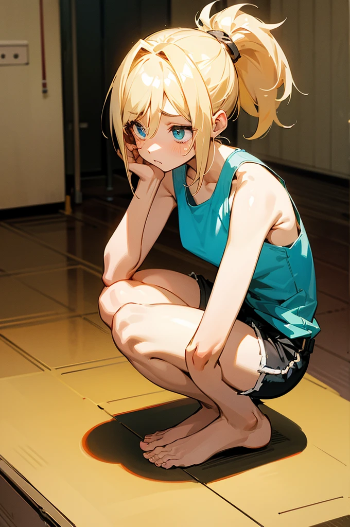 An anime-inspired illustration of a young woman with a distressed expression, squatting on a scale in a simple, clean room. She has medium-length hair tied back in a ponytail and is wearing a tank top and shorts. The scale is positioned under her barefeet, and she is looking down at it with a worried expression. The overall style is vibrant and expressive, capturing her emotions vividly. The background is minimalistic, focusing on the subject.