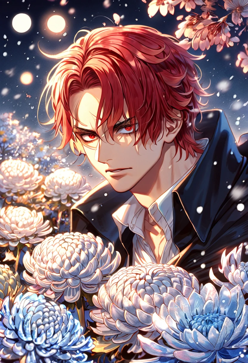 absurdres, highres, ultra detailed, HDR, master piece, best quality, extremely detailed, Shanks, red hair, expressive red eyes, One Piece, solo, sexy man, handsome, black cape, white shirt, fantasy, sparkling, ice glittering fireflies, ice moon, ice blossoms, ice chrysanthemums, blue sparkling lights, magical, snowing, ice style