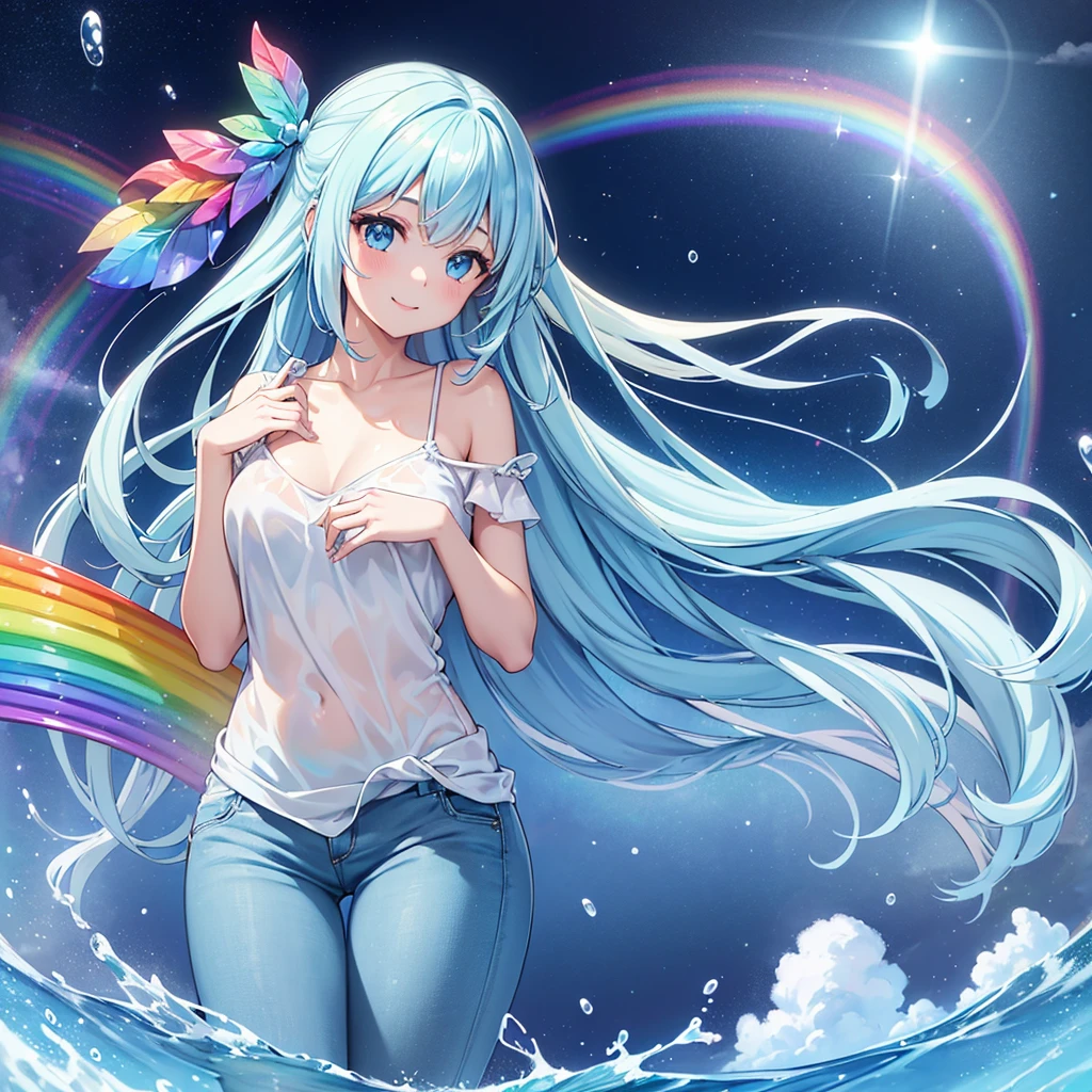 (Highest quality), (Super detailed),(Light blue long hair),(figure), (One girl), Beautiful fine details,Delicate and beautiful face,smile、A big rainbow in the blue sky after the rain、A girl looks up at a rainbow、Colorful transparent rainbow bubbles、Jeans on a t-shirt、floating,(High saturation),(Colorful splashes),