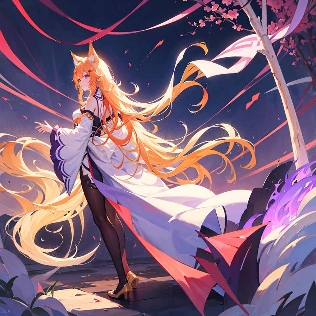 Ahri has striking features. She has long, flowing yellow hair that cascades down her back, complementing her vibrant purple eyes. The most unique aspect of Ahri's appearance is her nine tails, which are a mix of yellow and purple, exuding a soft and warm glow. Her overall look is enchanting and mysterious.