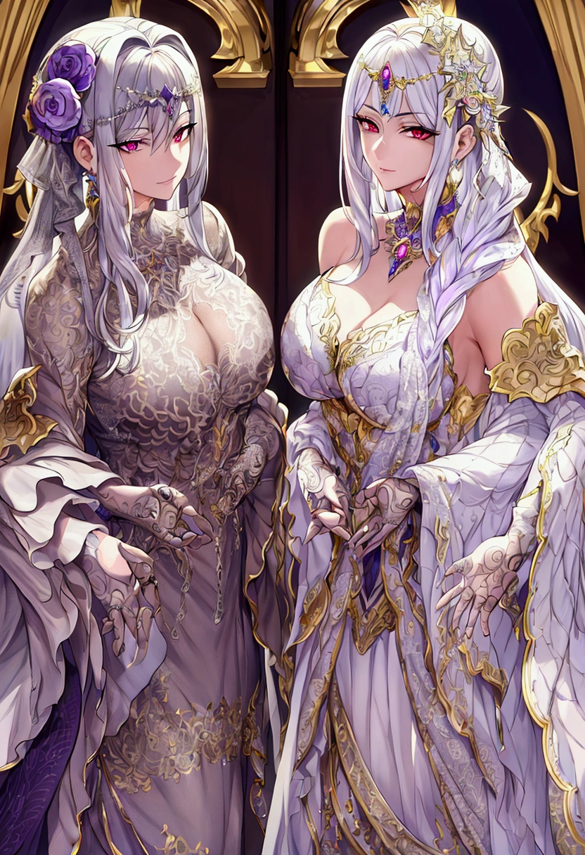 masterpiece, Highest quality, Intricate details, Two gorgeous, flashy, silver-haired male hosts, One has red eyes、The other one has purple eyes, Perfect Anatomy, Perfect Face:1.1),Sharp focus, View your viewers, Ultra-high resolution, Highly detailed illustration, Smooth, Extremely pixel perfect,