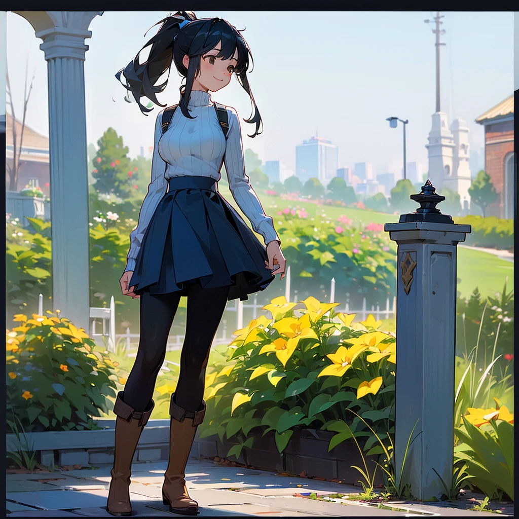 (high quality, High resolution, Very detailed, reality:1.37), Peaceful atmosphere, (Outdoor, garden),  girl standing alone, (my breasts are big.), Beautiful details, Cute Smile, (Black hair ponytail), Ribbed sweater, Blue Skirt, Black tights, Brown boots.