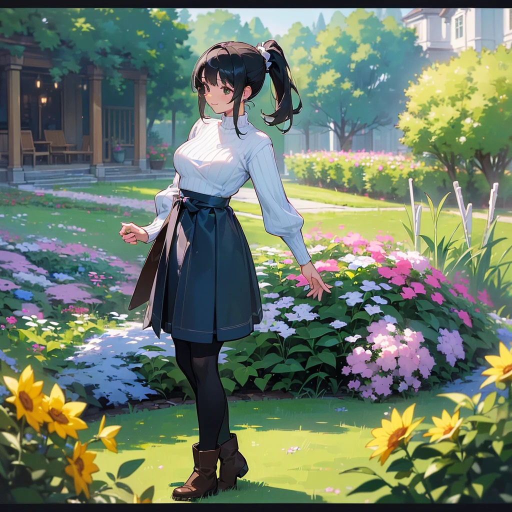 (high quality, High resolution, Very detailed, reality:1.37), Peaceful atmosphere, (Outdoor, garden), Teenage girl standing alone, (my breasts are big.), Beautiful details, Cute Smile, (Black hair ponytail), Ribbed sweater, Blue Skirt, Black tights, Brown boots.