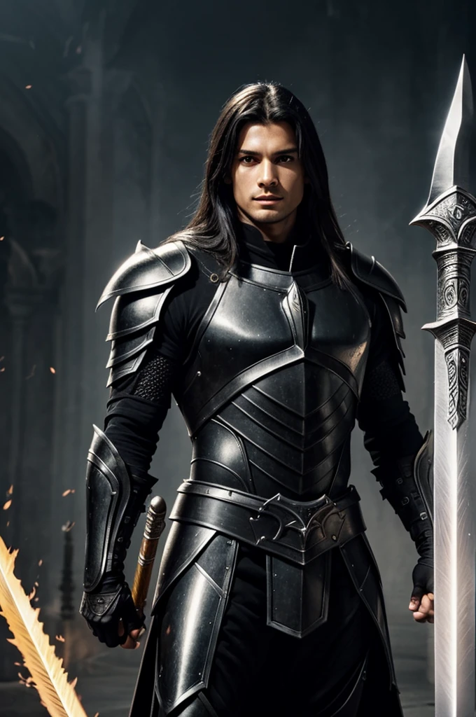 Angel looking 20 years old with black armor, beautiful and defined face with a light soft touch, he brandishes a sword with his right hand and an energy spear in the left, facing demons with an elegant style
