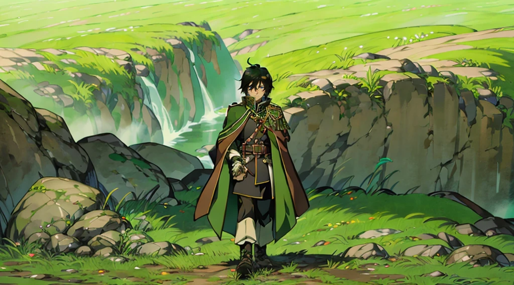 yuichiro hyakuya, (WithoutFear:1), 1 boy, black hair, green eyes, brown coat, gray armor, green shield, green cloak, dark brown gloves, town, white fur trim, tall, anime, standing, good quality, portrait, looking at viewer