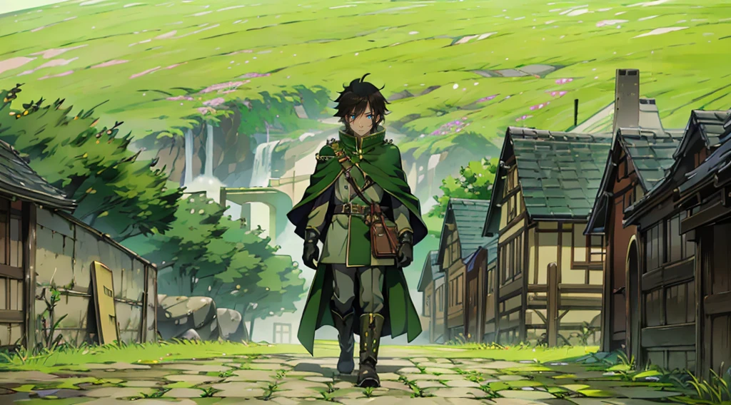 yuichiro hyakuya, (WithoutFear:1), 1 boy, black hair, green eyes, brown coat, gray armor, green shield, green cloak, dark brown gloves, town, white fur trim, tall, anime, standing, good quality, portrait, looking at viewer