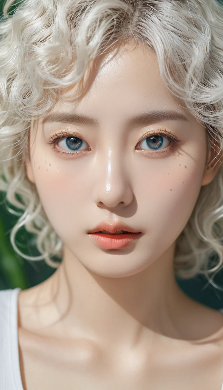 (Surrealism), (illustration), (high resolution), (8K), (Extremely detailed), (best illustration), (Beautiful and delicate eyes), (best quality), (Very detailed), (masterpiece), ( wallpaper), (Delicate face), solitary, 1 girl, White curly hair, Korean, Heterochromic eyes, There is a small mole under the eye, Yoga Pants, Large Breasts, Long legs, Dynamic poses